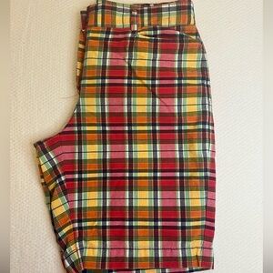 LANDS END Shorts Womens Fit 2 Mid Rise Red Madras Plaid 100% Cotton